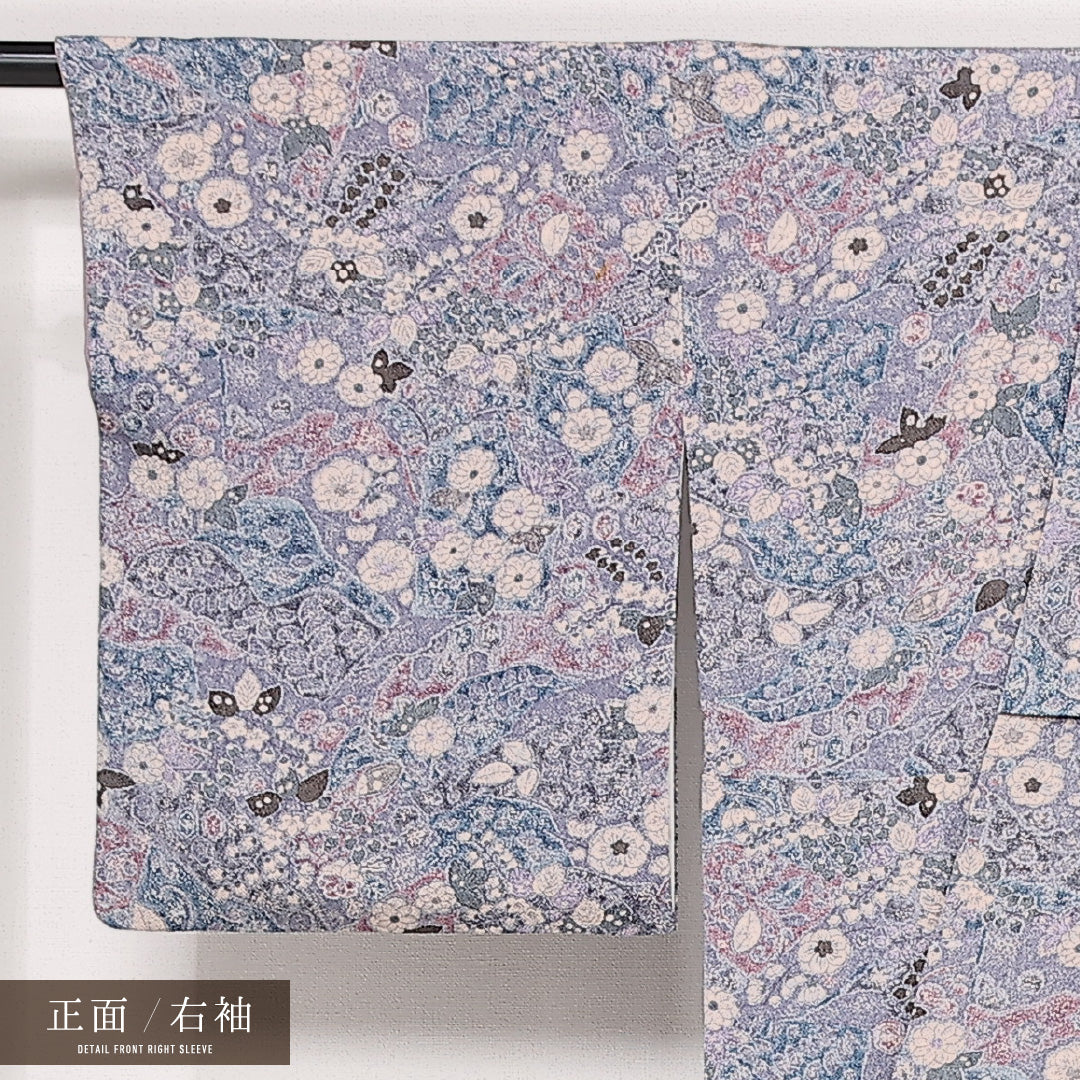 小紋 袷 身丈156cm 裄丈63cm 正絹 Sランク インフォーマル 広衿 Mサイズ 花柄 紫系 RP 1221-13394