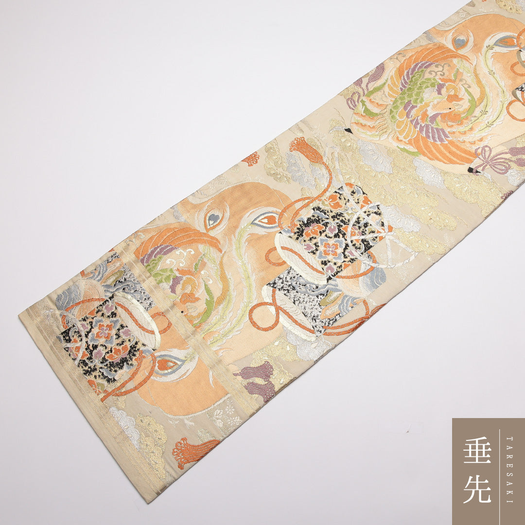 アンティーク 丸帯 帯丈400cm 正絹 全通 唐織 鳳凰 貝桶 クリーム系 1242-01377