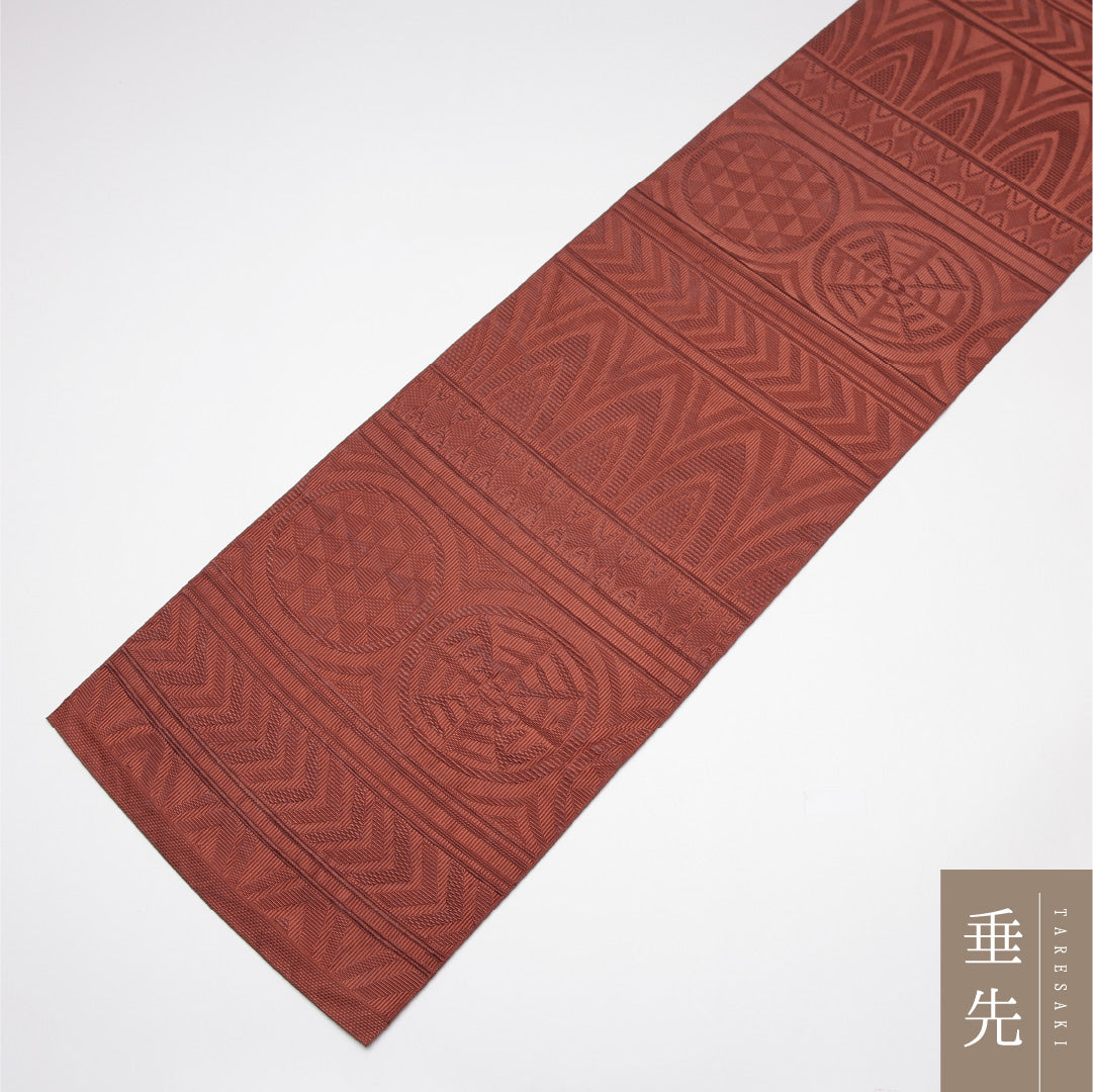 名古屋帯 帯丈363cm Aランク 松葉仕立て 六通 正絹 鱗 幾何学 カジュアル 茶系 1224-01647