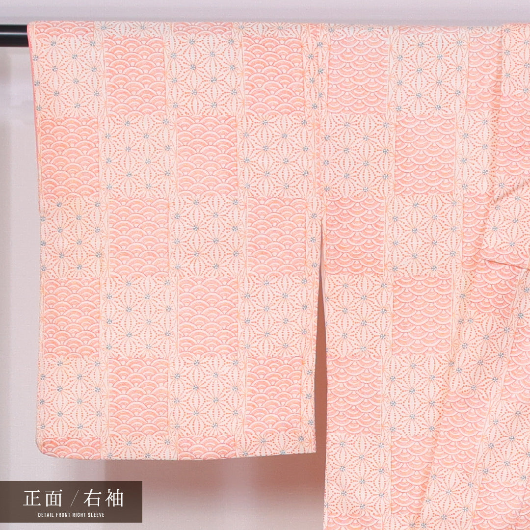 洗える着物 小紋 袷 身丈163cm 裄丈64cm ポリエステル Aランク インフォーマル 広衿 Lサイズ 麻の葉 青海波 ピンク系 HP 1221-11456