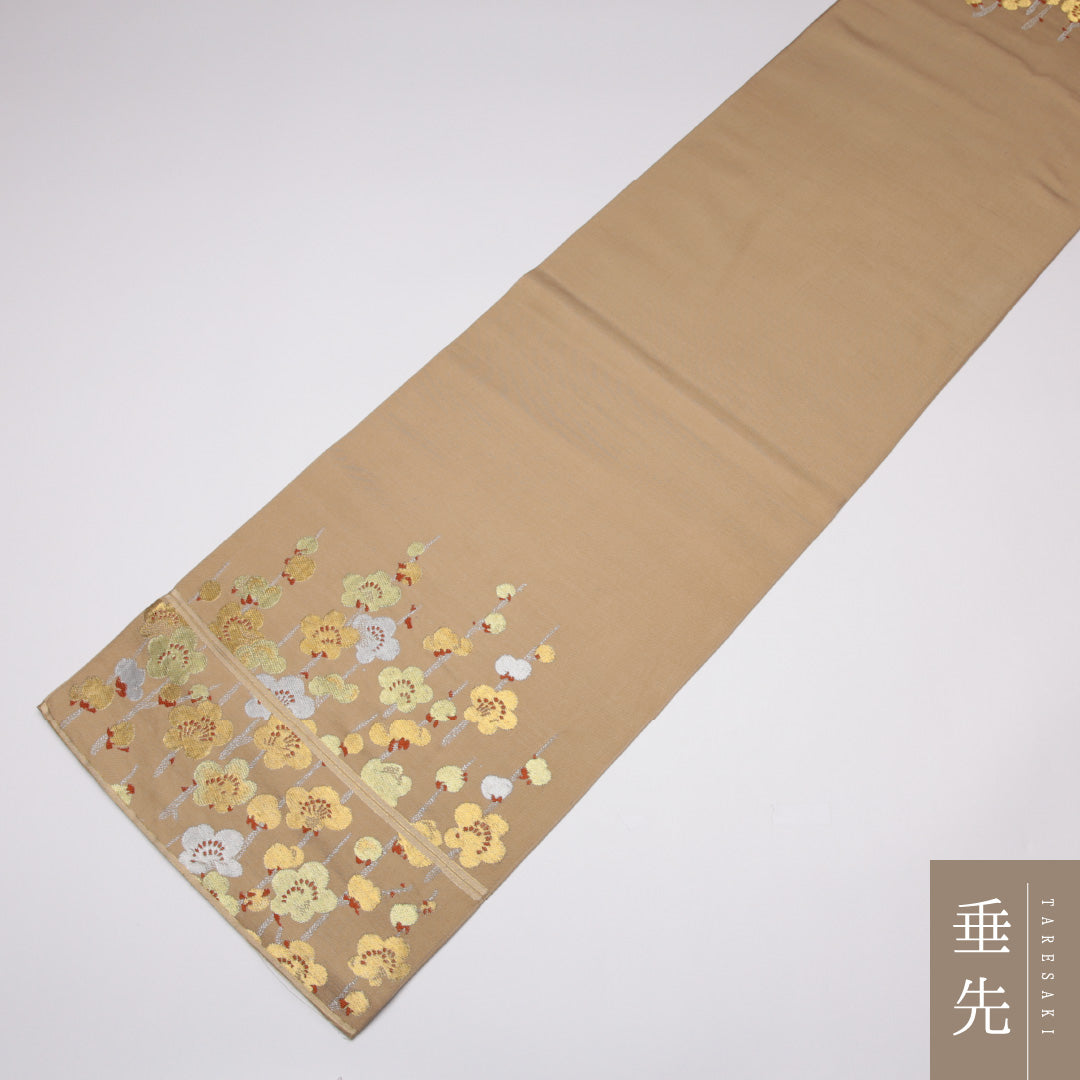 アンティーク 袋帯 帯丈392cm 六通 金銀糸 梅 セミフォーマル ベージュ系 正絹 Cランク 1223-01119
