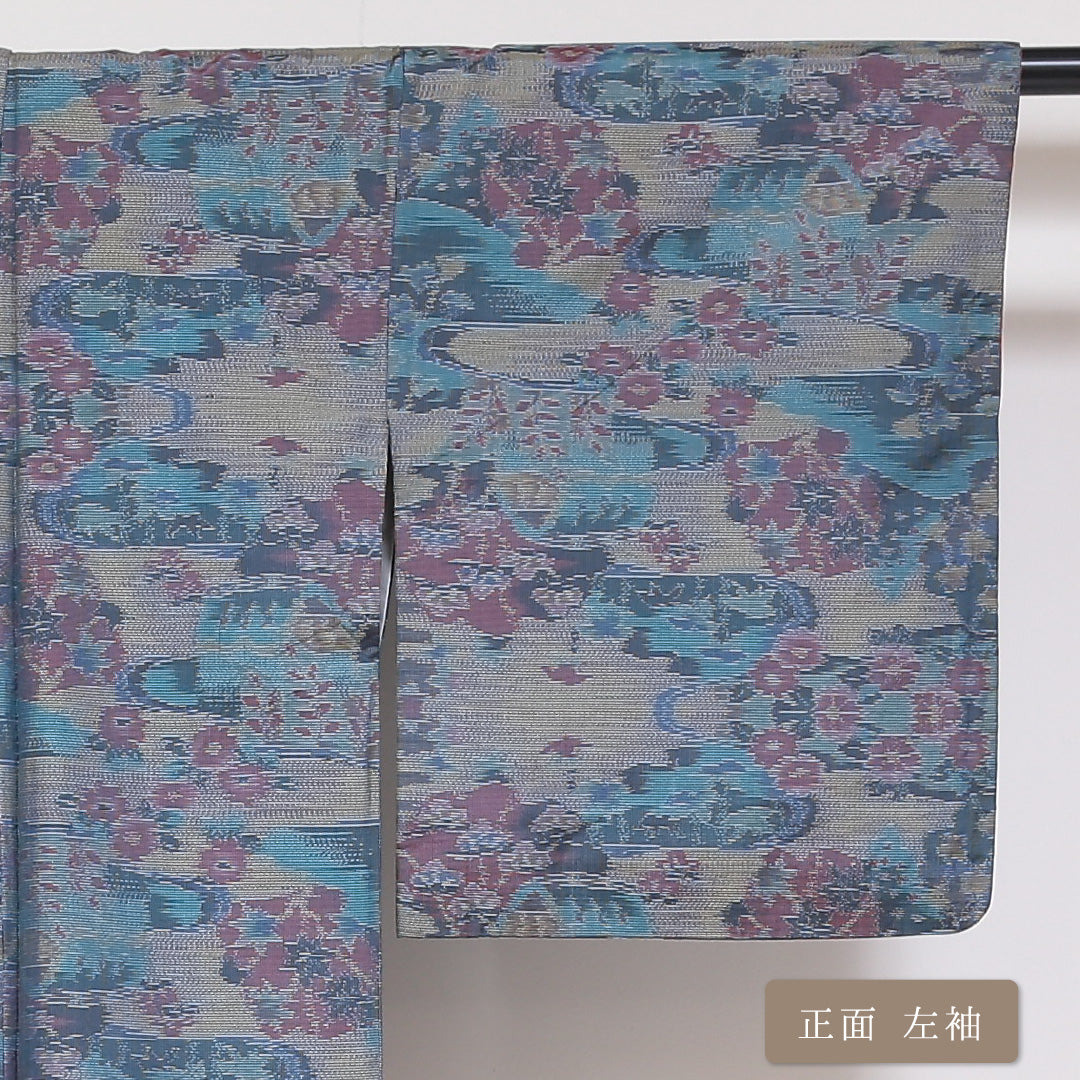紬 袷 身丈150cm 裄63cm 正絹 青系 Sランク 色大島 1216-00711-2217