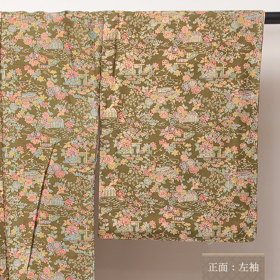 小紋(紬) 袷 身丈159cm 裄丈66cm 正絹 Sランク Mサイズ 広衿 インフォーマル 茶屋辻 緑系 1215-02226