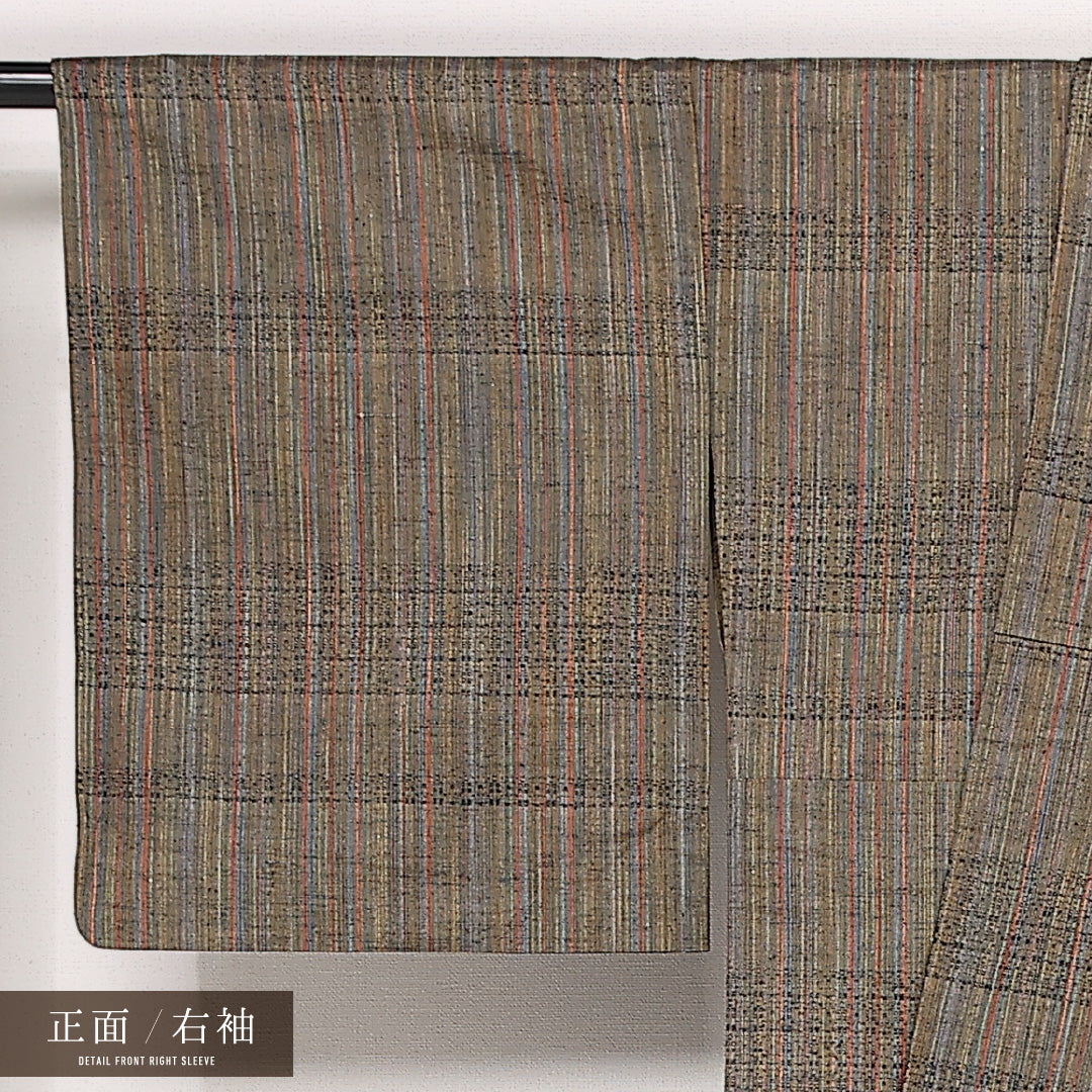 紬 単衣 身丈161cm 裄丈65cm 正絹 Sランク カジュアル 広衿 Lサイズ 縞 伝統的 落ち着き 茶系 HP 1223-13277