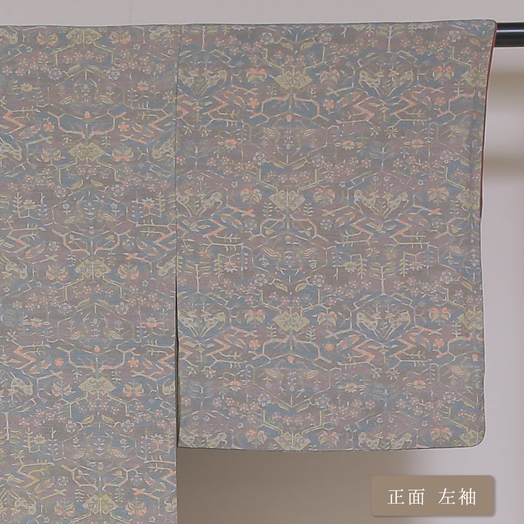 小紋 袷 身丈151cm 裄丈62cm 正絹 Aランク インフォーマル 広衿 Sサイズ 向かい鳥 緑系 RP 1221-01749