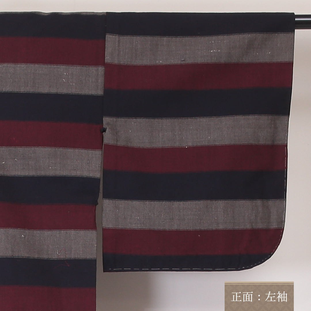 紬 単衣 身丈154cm 裄61cm ウール 洗える着物 居敷当て 縞 グレー系 Aランク 1216-00909