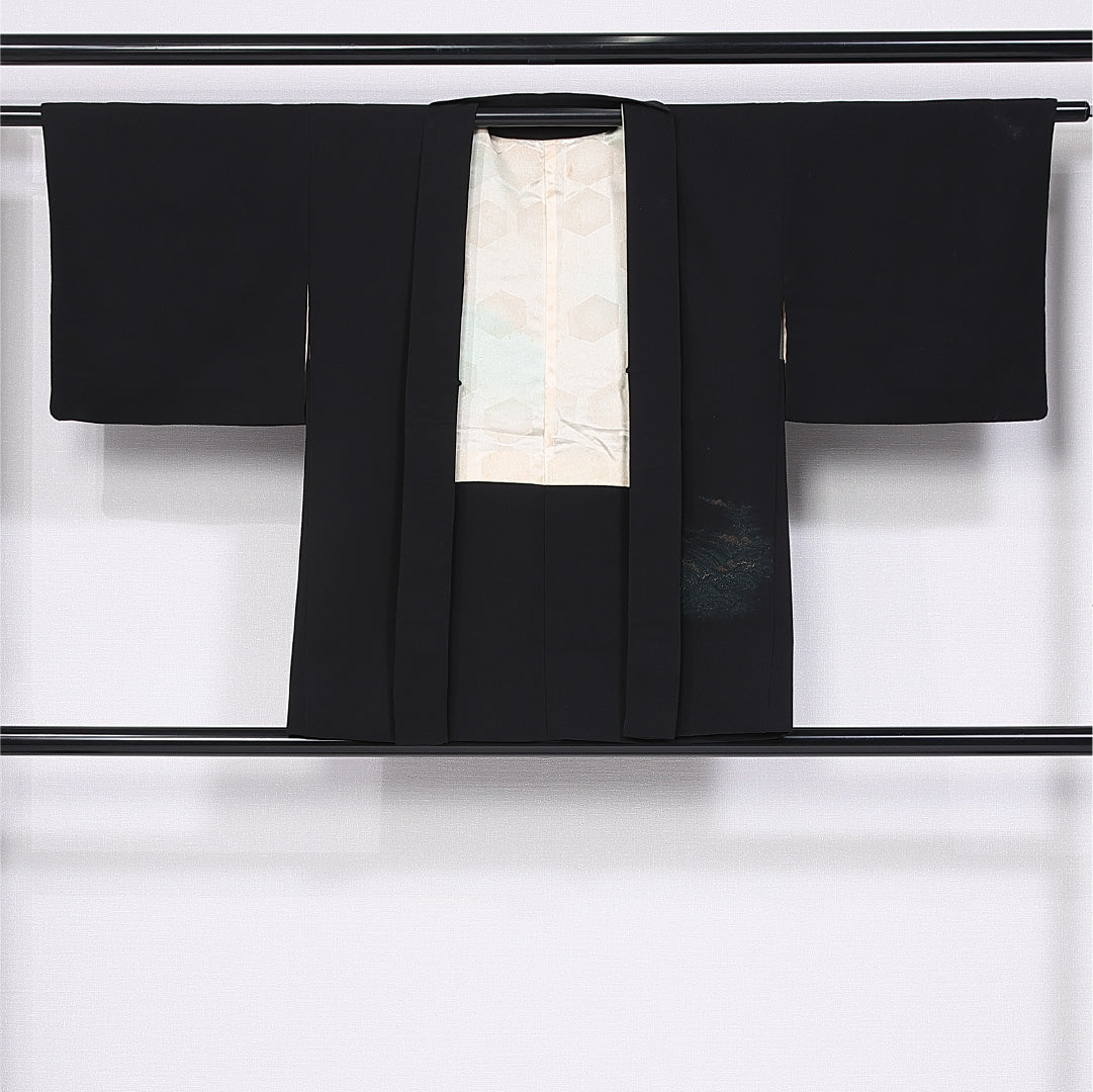 羽織 身丈78cm 裄丈62.5cm S 正絹 Aランク 袷 黒羽織 絵羽羽織 漆糸 山水 1217-11163