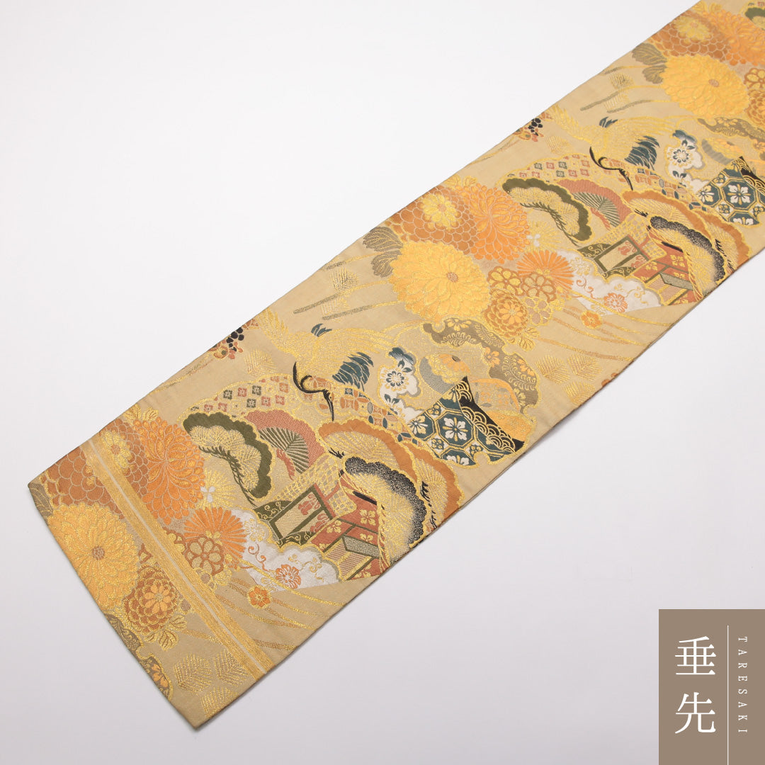 アンティーク 袋帯 帯丈380cm 正絹 六通 御所車 吉祥文様 ベージュ系 1243-01417