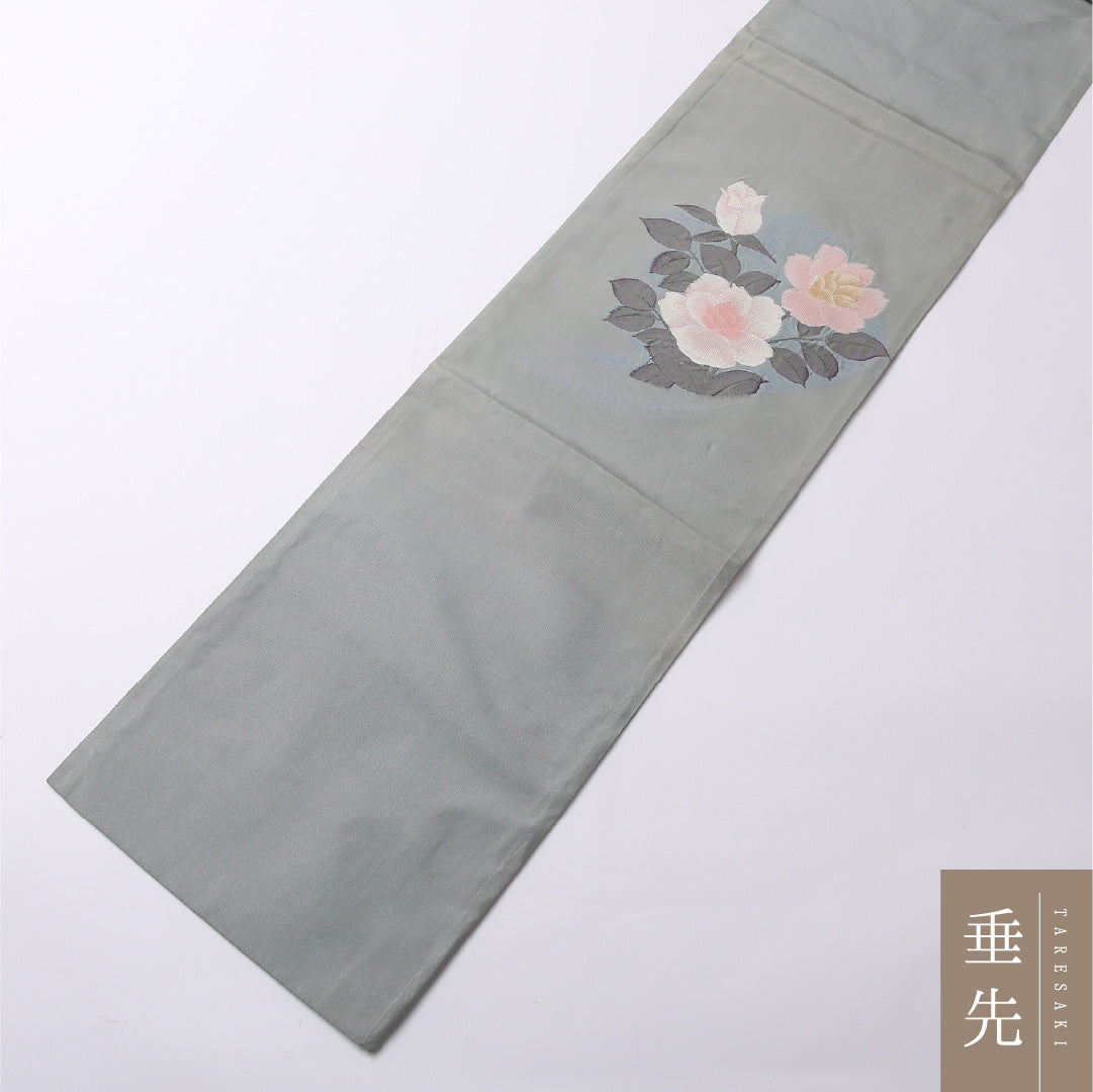 名古屋帯 ポイント柄 帯丈352cm カジュアル Aランク 正絹 綴れ織 椿 写実的 気品 緑系 1224-02677