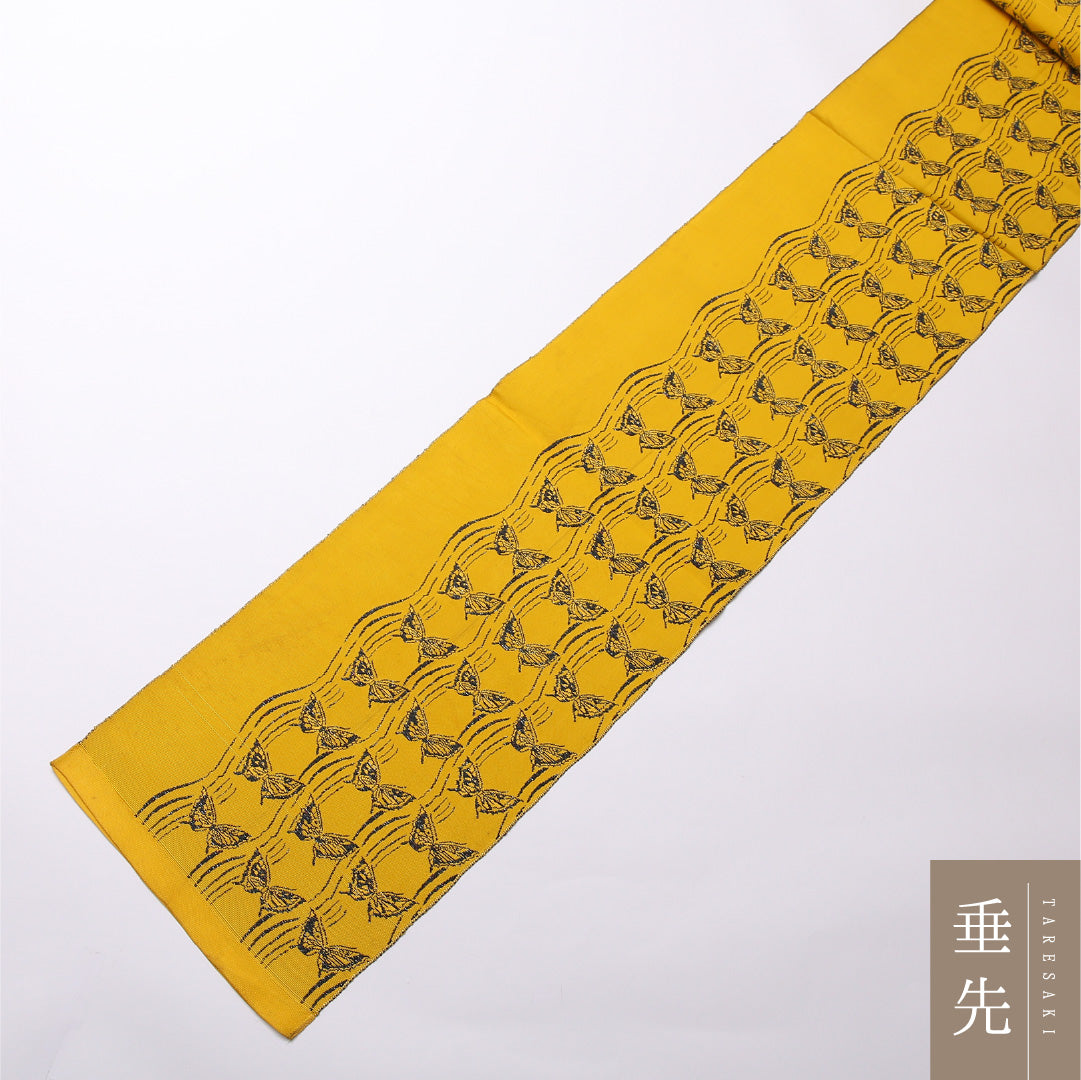 八寸名古屋帯 Cランク 帯丈392cm 正絹 全通 開き仕立て 織り カジュアル 蝶 黄系 RP 1245-02522
