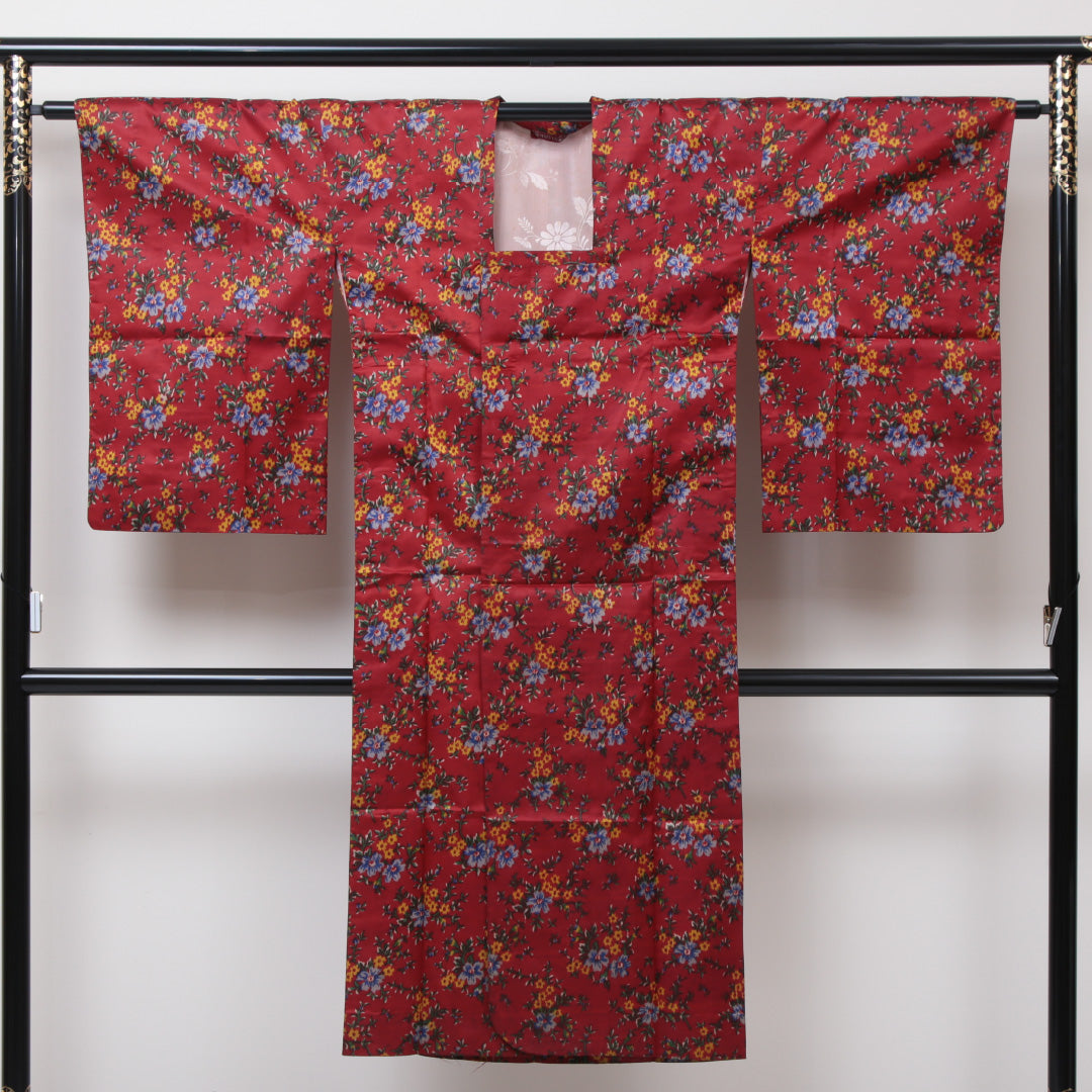 道行コート 洗える着物 袷 身丈128cm 裄丈65cm ポリエステル Cランク Mサイズ フォーマル 花柄 赤系 1263-05661