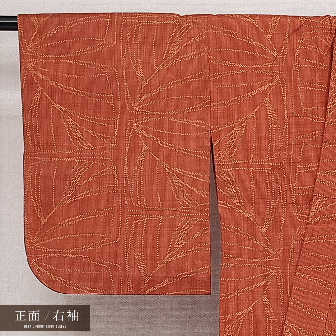 紬 単衣 身丈159cm 裄丈63cm 正絹 Sランク カジュアル 広衿 Mサイズ 麻の葉 朱系 RP 1223-14217