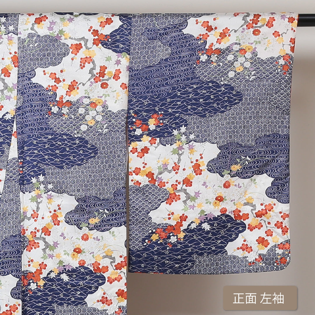 小紋 袷 身丈156cm 裄64cm 青系 古典柄 雲取 梅 紅葉 正絹 Sランク お正月 1215014092317