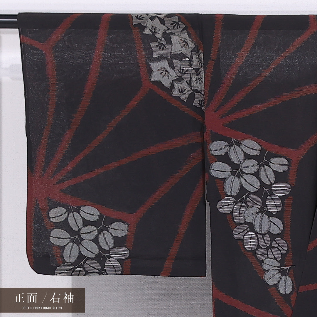 アンティーク 夏物 紬 夏紬 身丈145cm 裄丈63cm Aランク 正絹 バチ衿 XSサイズ 麻の葉 桔梗 古典的 モダン 藤 麻の葉 黒系 1216-11570