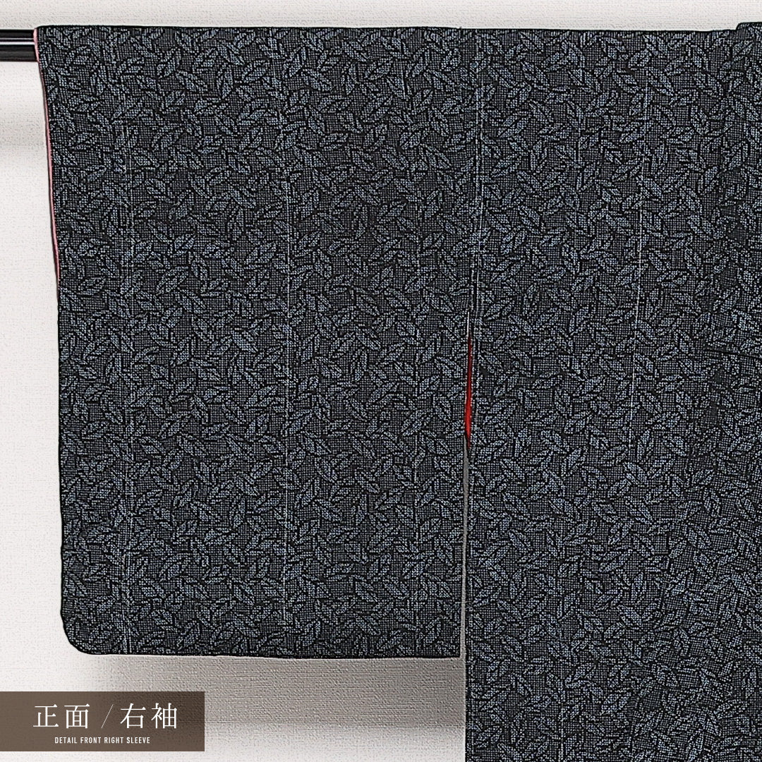 アンティーク お召 袷 身丈149cm 裄丈62cm 正絹 Aランク バチ衿 XSサイズ 植物柄 紺系 RP 1222-13639