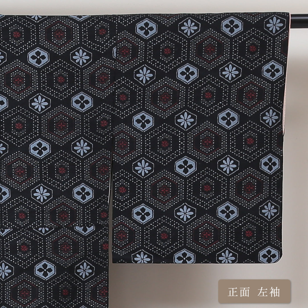 アンティーク 小紋 袷 身丈142cm 裄丈59cm 正絹 Aランク バチ衿 XSサイズ 亀甲 紺系 RP 1221-01441