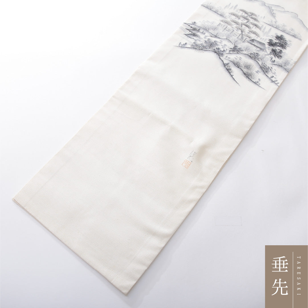 九寸名古屋帯(紬) 帯丈362cm カジュアル 開き仕立て ポイント柄 Bランク 正絹 風景柄 クリーム系 白系 1224-03934