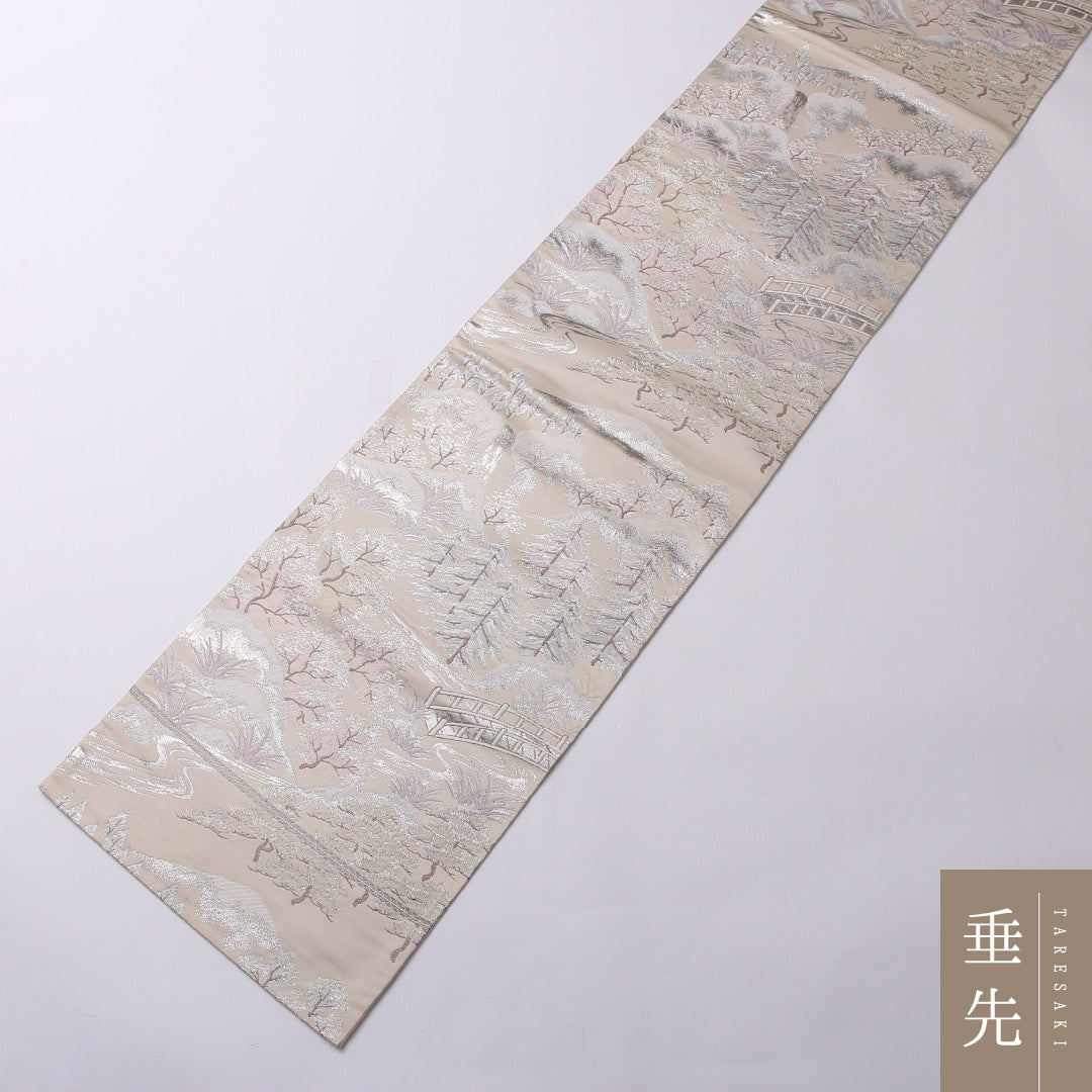 袋帯 帯丈428cm 正絹 六通 セミフォーマル 山水 橋 クリーム系 銀系 1243-01569