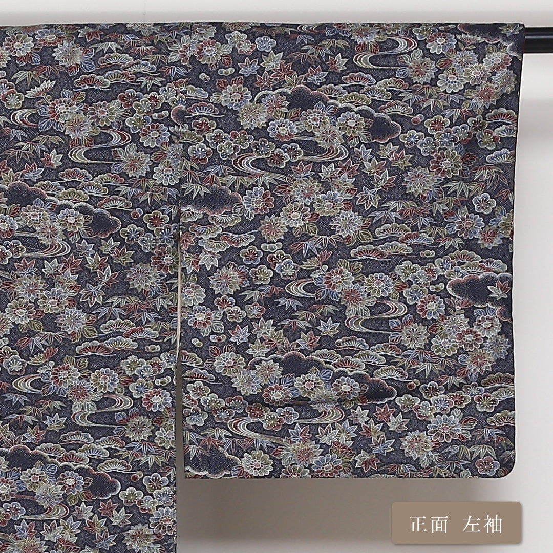 小紋 袷 身丈151cm 裄丈63cm 正絹 Aランク インフォーマル 広衿 Sサイズ 四季草花 紺系 RP 1221-01649