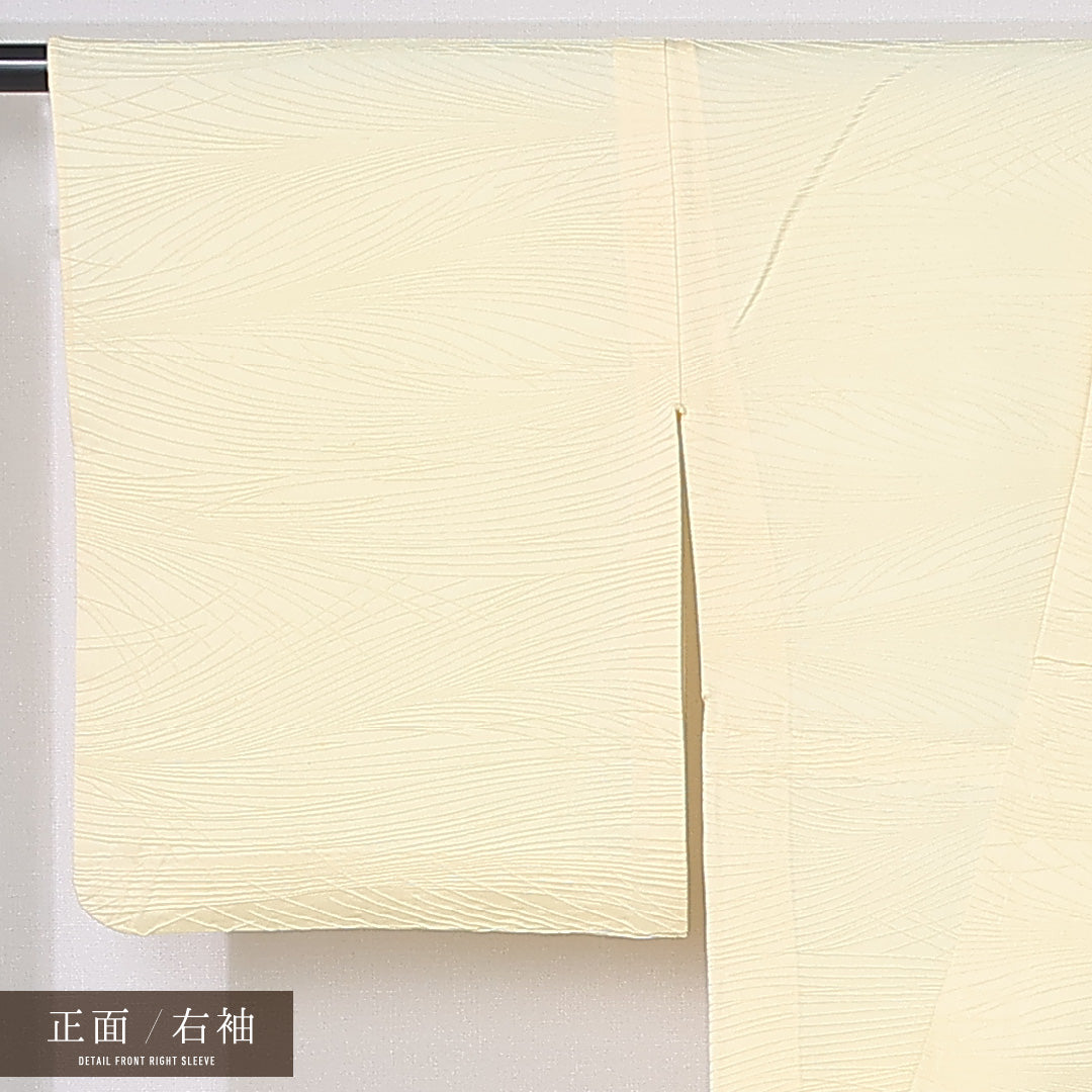 色無地 身丈150cm 裄丈64cm Cランク S 正絹 単衣 広衿 地紋あり 一つ紋 五三桐 創作 セミフォーマル 黄系 1214-12222