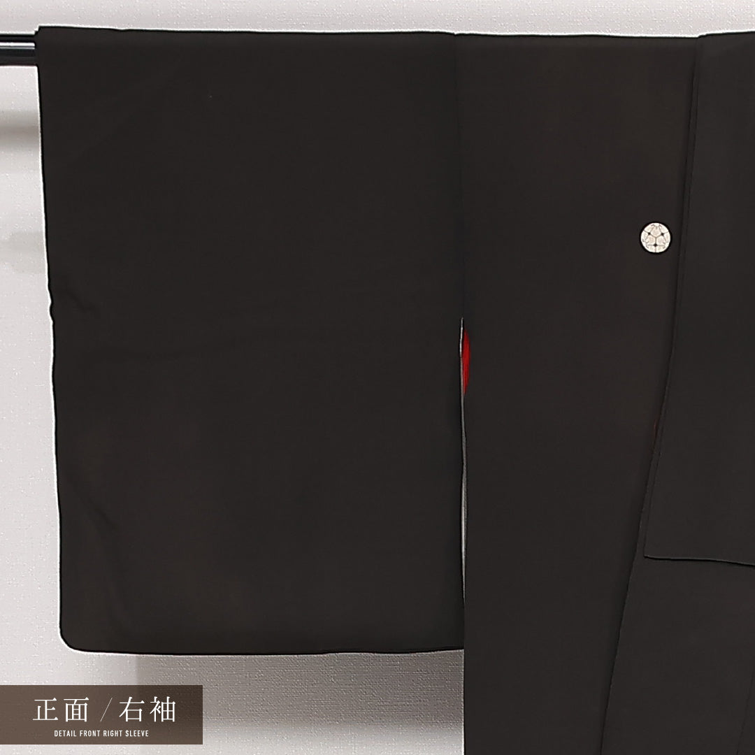アンティーク 黒留袖 五つ紋 三つ割り桔梗 身丈154cm 裄丈61cm Dランク 正絹 袷 広衿 S 唐織 金駒刺繍 吉祥文様 橘 古典的 華やか 黒系 1211-F0562