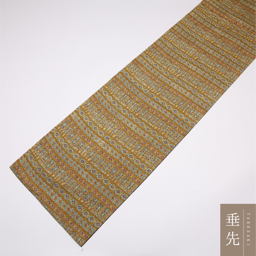 九寸名古屋帯 Sランク 帯丈364cm 正絹 全通 開き仕立て 染め カジュアル リバーシブル 紬 幾何学柄 黄系 RP 1245-01474