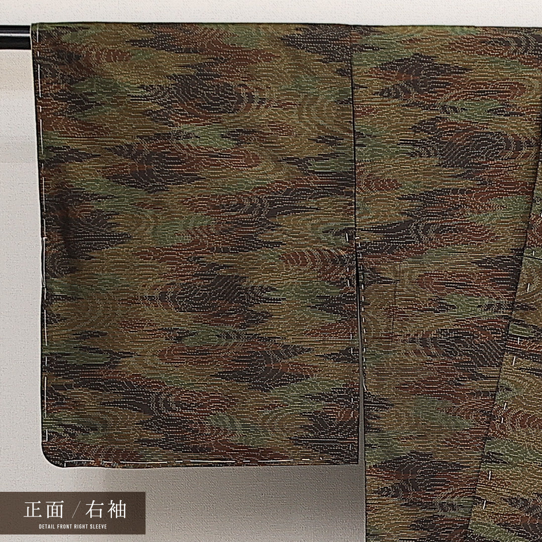 大島紬 袷 身丈154cm 裄丈63cm 正絹 Sランク インフォーマル 広衿 Sサイズ 緯総絣 風景柄 茶系 RP 1223-14070
