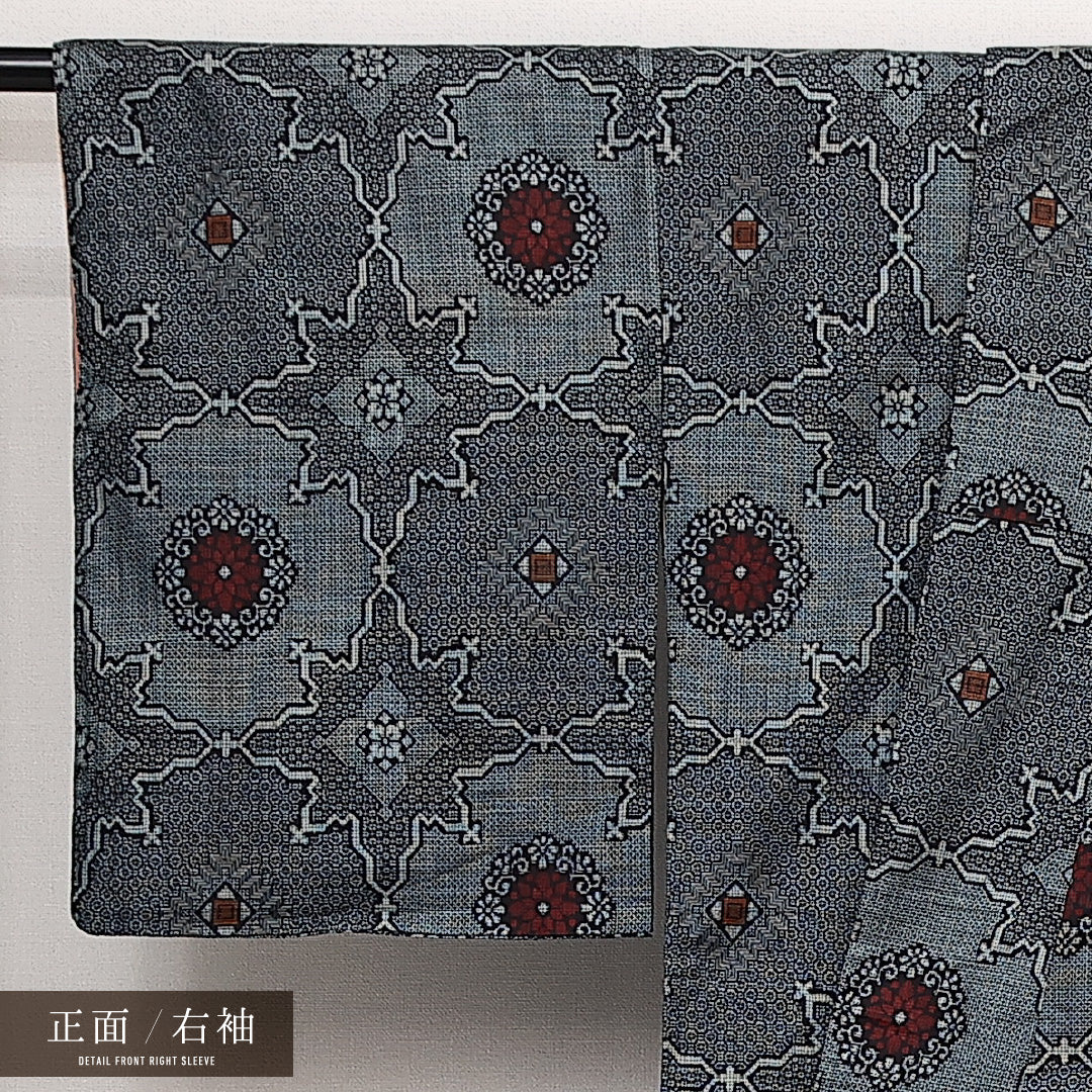 大島紬 袷 身丈151cm 裄丈64cm 正絹 Aランク インフォーマル 広衿 Sサイズ 宝相華 グレー系 RP 1223-14101