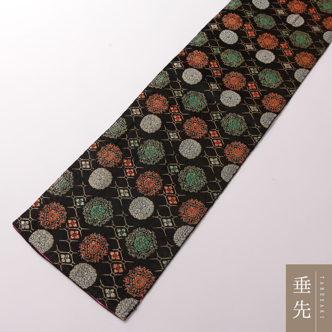 アンティーク 袋帯 帯丈456cm 正絹 全通 花菱 菊 黒系 1243-01852
