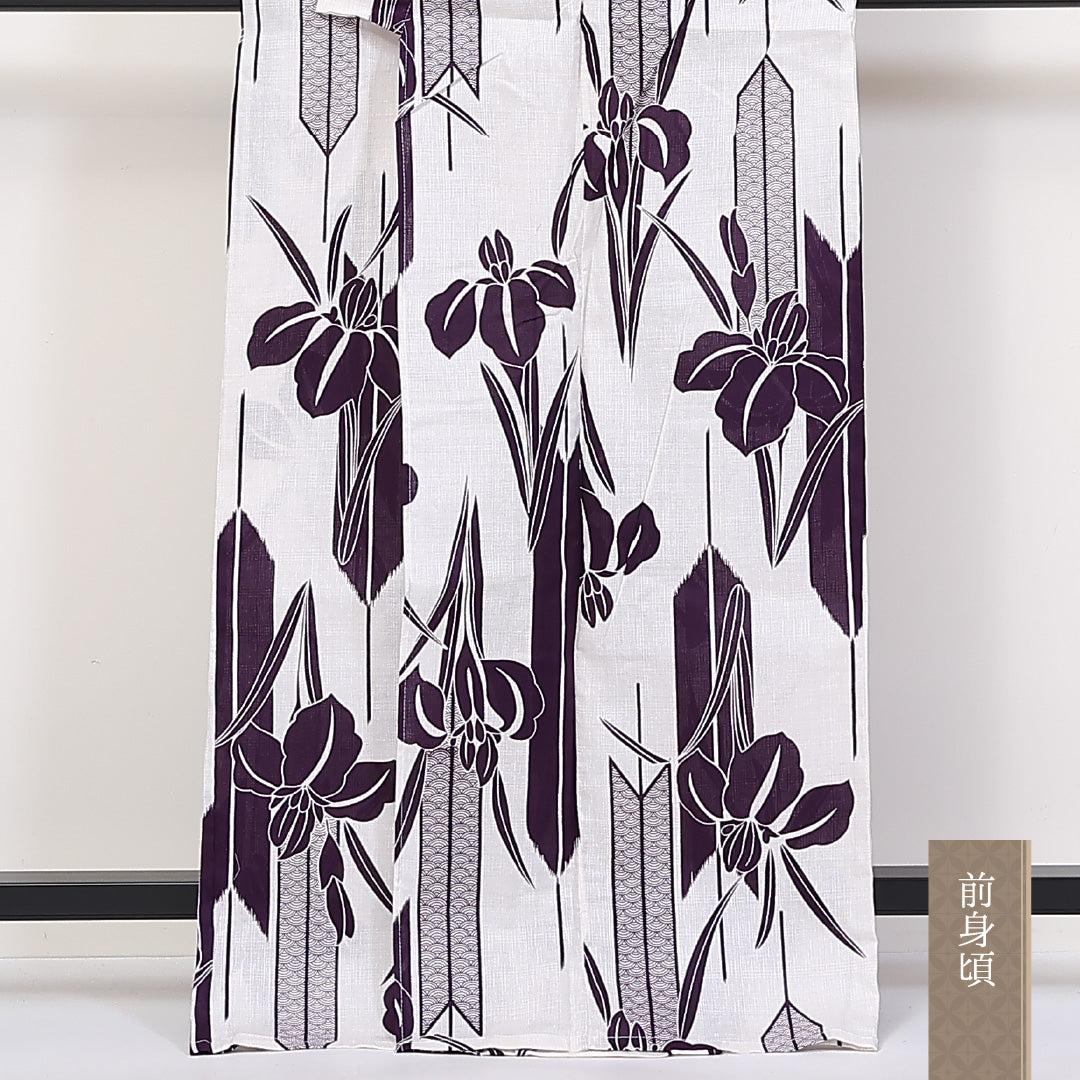 新品 綿麻 浴衣 身丈163cm 裄丈67cm 洗える着物 菖蒲 紫系 Nランク 1218-00083