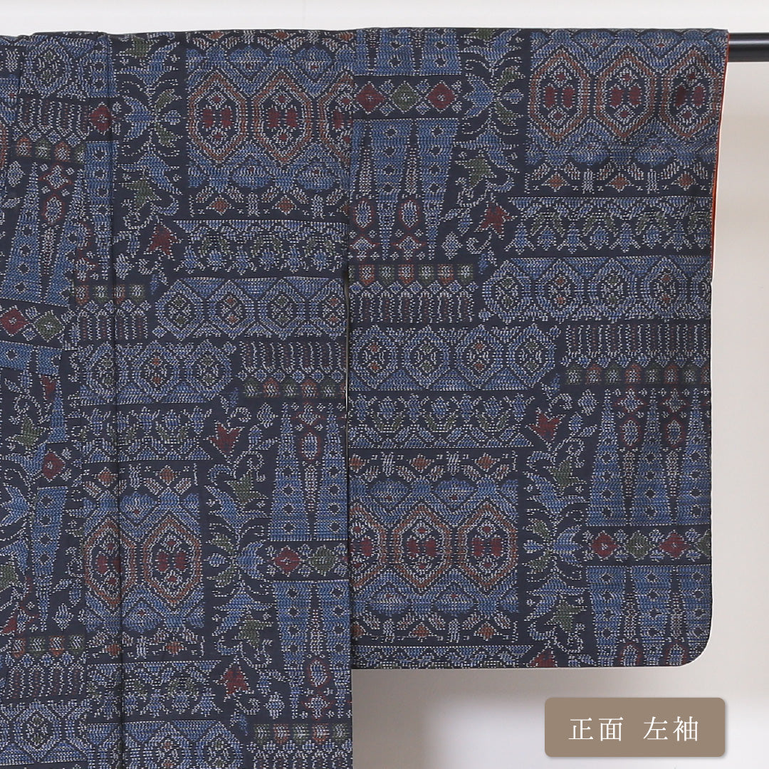 大島紬 袷 身丈160cm 裄丈64cm 正絹 Aランク インフォーマル バチ衿 Lサイズ アラベスク文様 青系 RP 1223-03221