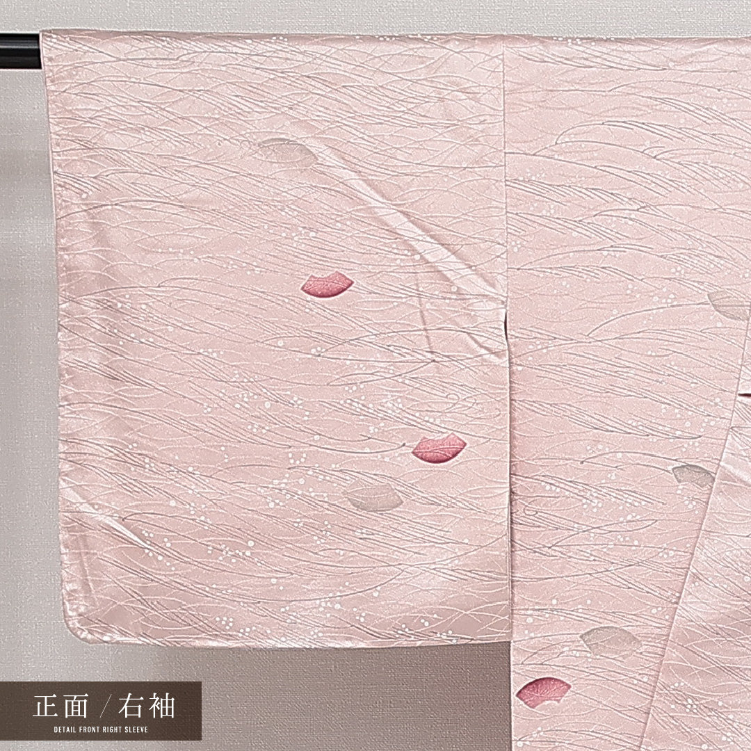 小紋 袷 身丈151cm 裄丈64cm 正絹 Sランク インフォーマル 広衿 Sサイズ 織り出し 扇 露芝草 ピンク系 RP 1221-14607