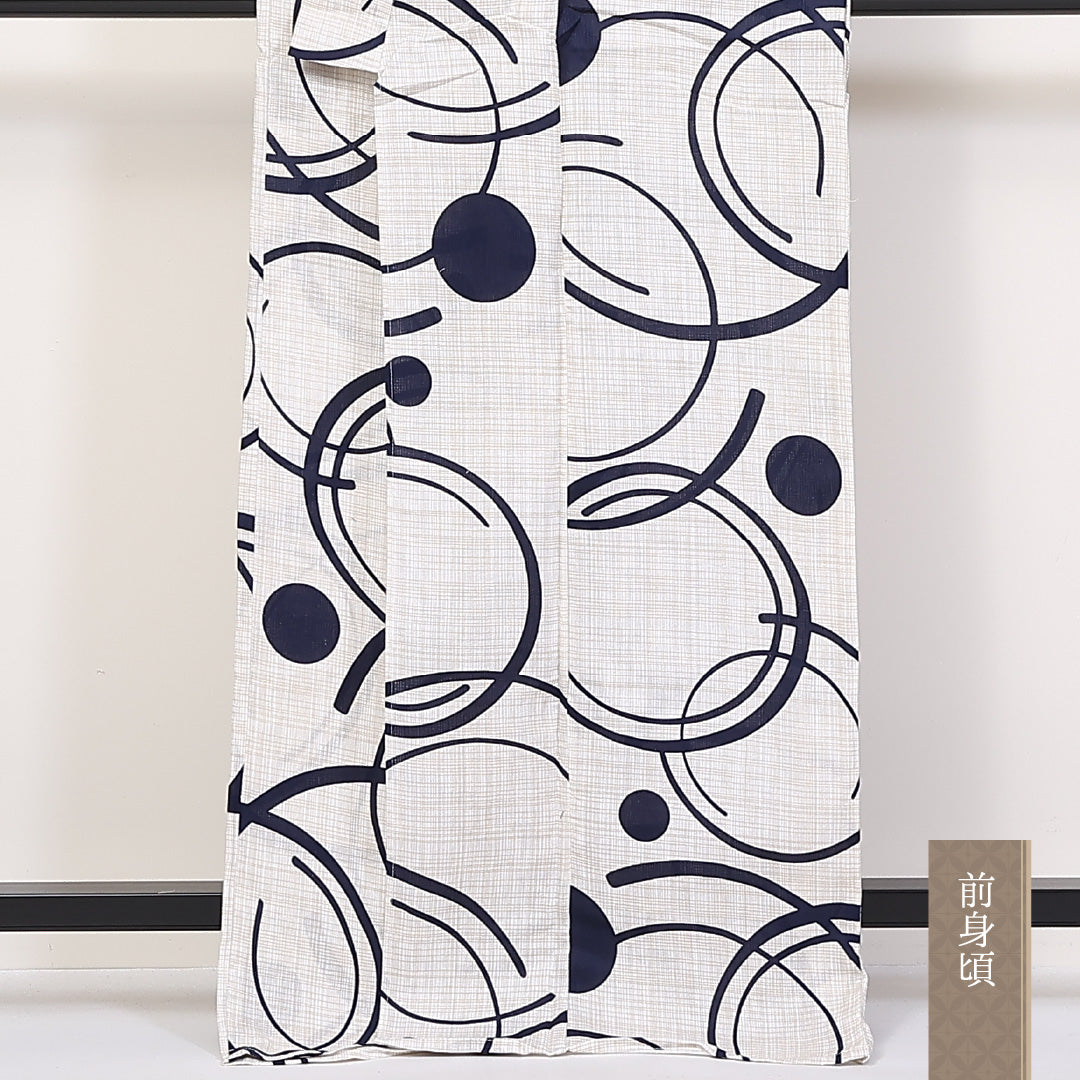 新品 綿麻 浴衣 身丈163cm 裄丈67cm 洗える着物 幾何学 白系 Nランク 1218-00084