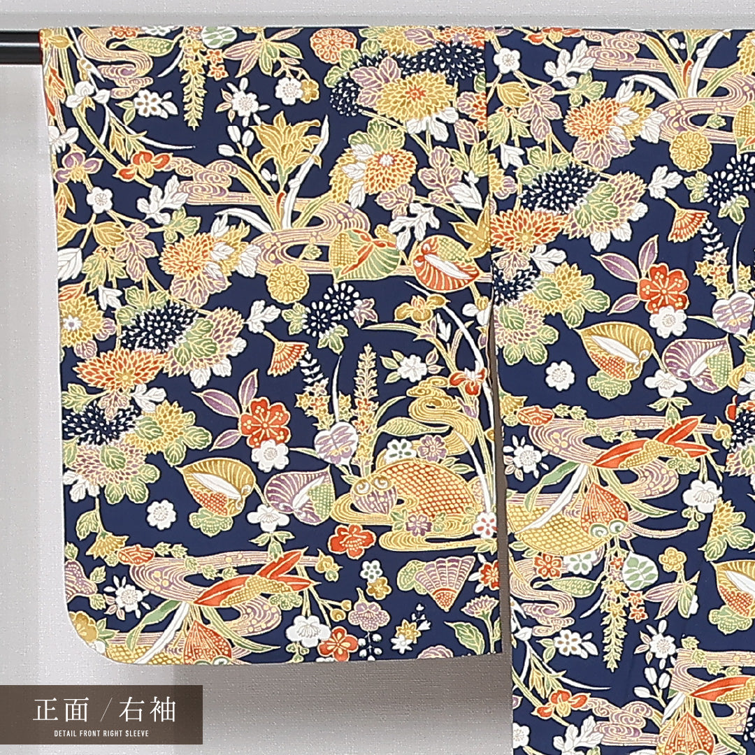 小紋 身丈155cm 裄丈66cm Aランク M 正絹 袷 バチ衿 吉祥文様 花柄 植物柄 京紅型 カジュアル 紺系 1215-12032