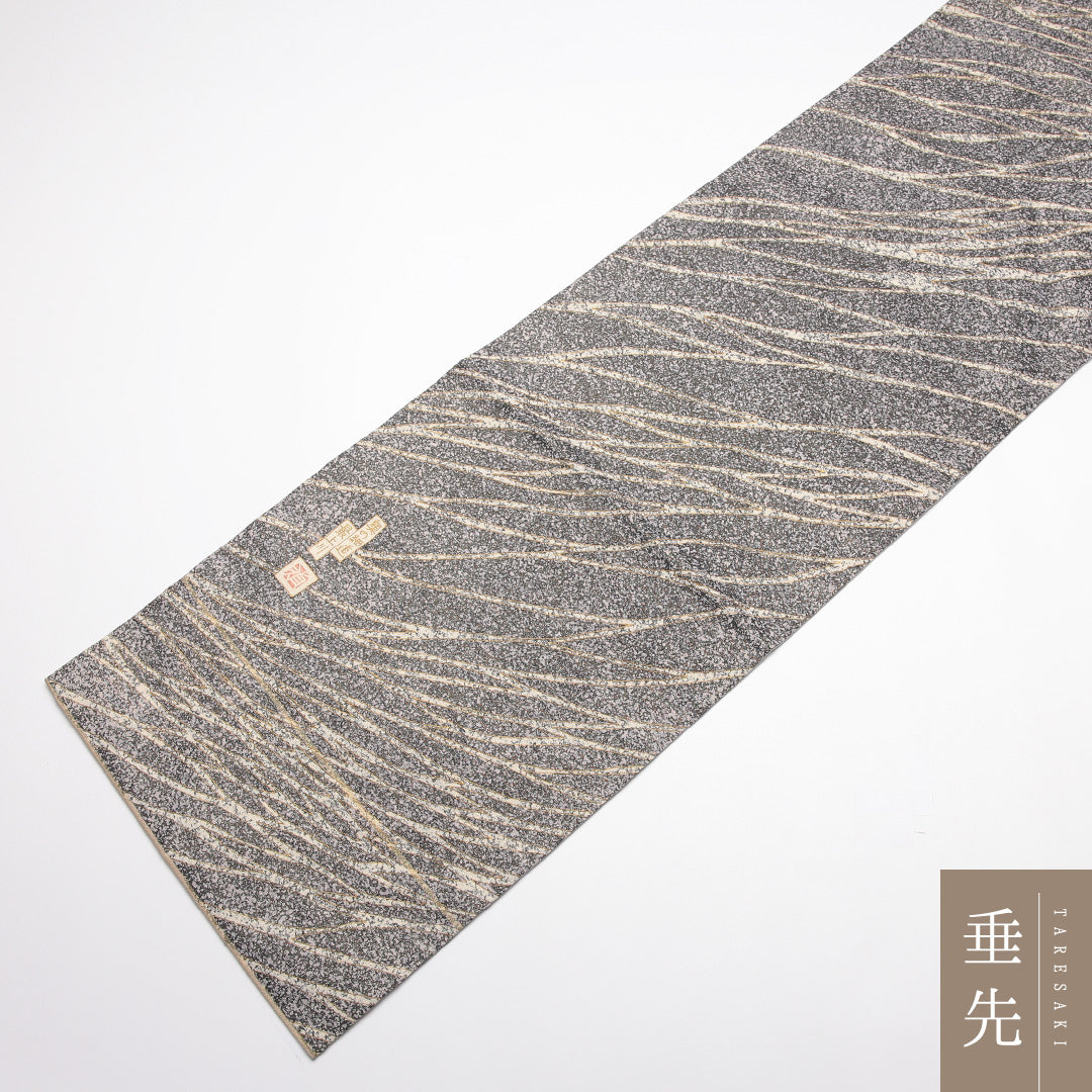 袋帯 帯丈404cm 正絹 全通 セミフォーマル 奥の細道「最上川」 浮世絵 遠山 船 作家物 落款 グレー系 1243-01453