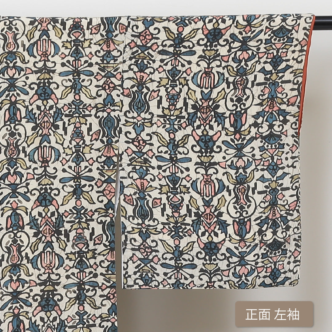 小紋 袷 身丈148cm 裄丈62cm 正絹 Aランク インフォーマル 広衿 XSサイズ 幾何学柄 白系 RP 1221-01353