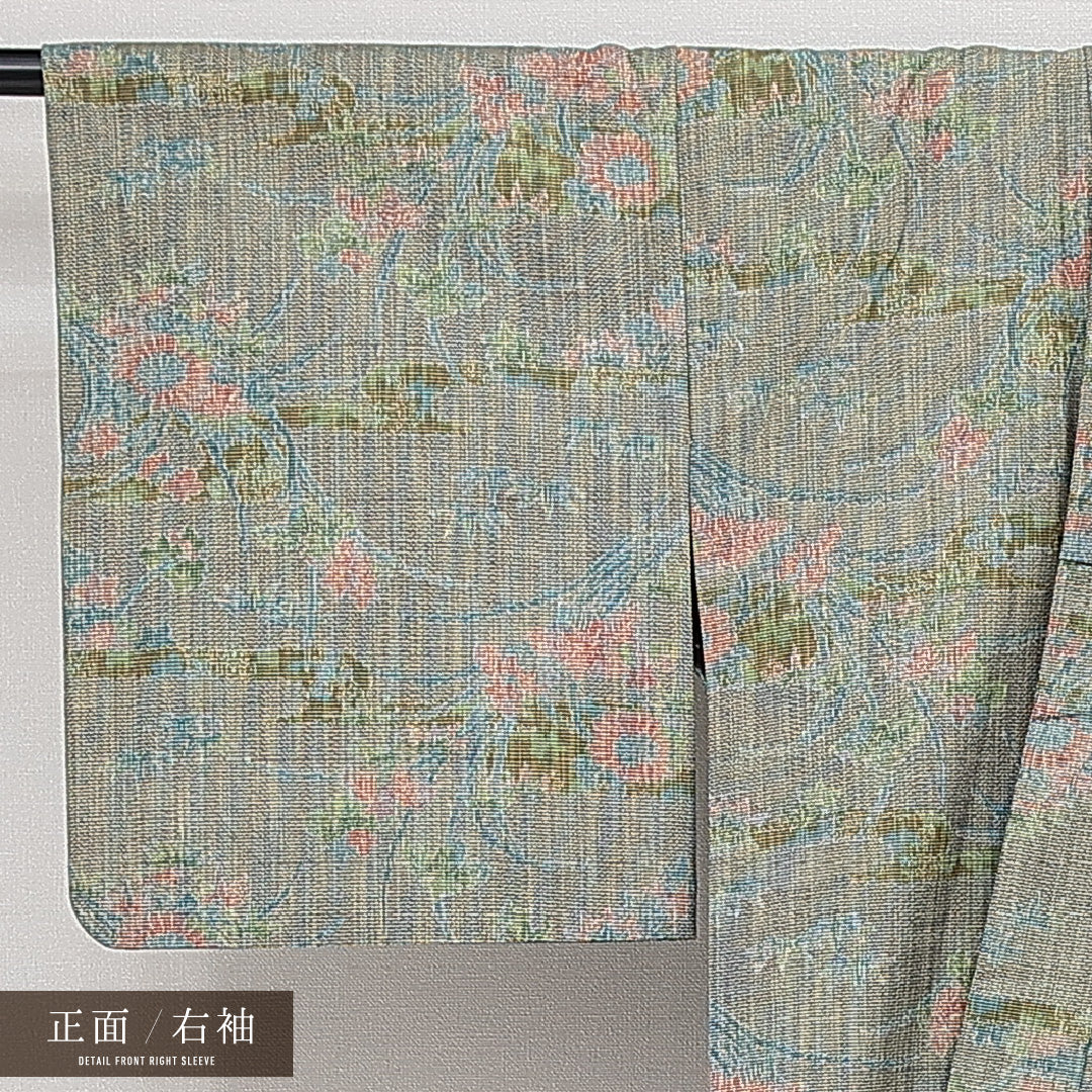 洗える着物 ウールの紬 単衣 身丈153cm 裄丈61cm ウール Sランク カジュアル バチ衿 Sサイズ 居敷当て 肩当て 菊 緑系 RP 1223-14354