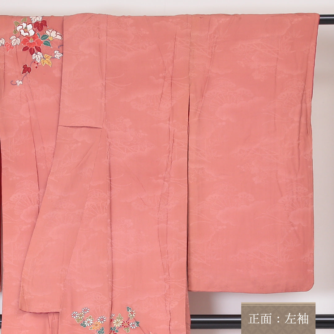 アンティーク 訪問着 袷 145 ~ 154cm 身丈150~154cm 正絹 牡丹 梅や菊 ピンク系 Aランク 1212-00530