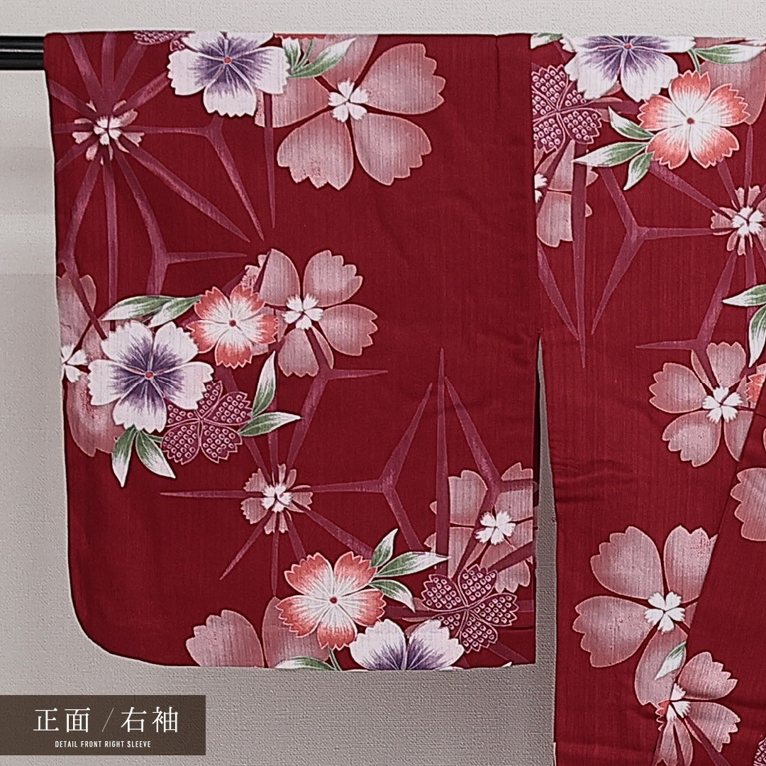 浴衣 夏物 洗える着物 身丈158cm 裄丈65cm Sランク 木綿 バチ衿 Mサイズ カジュアル 花柄 シック 華やか 赤系 1218-14283