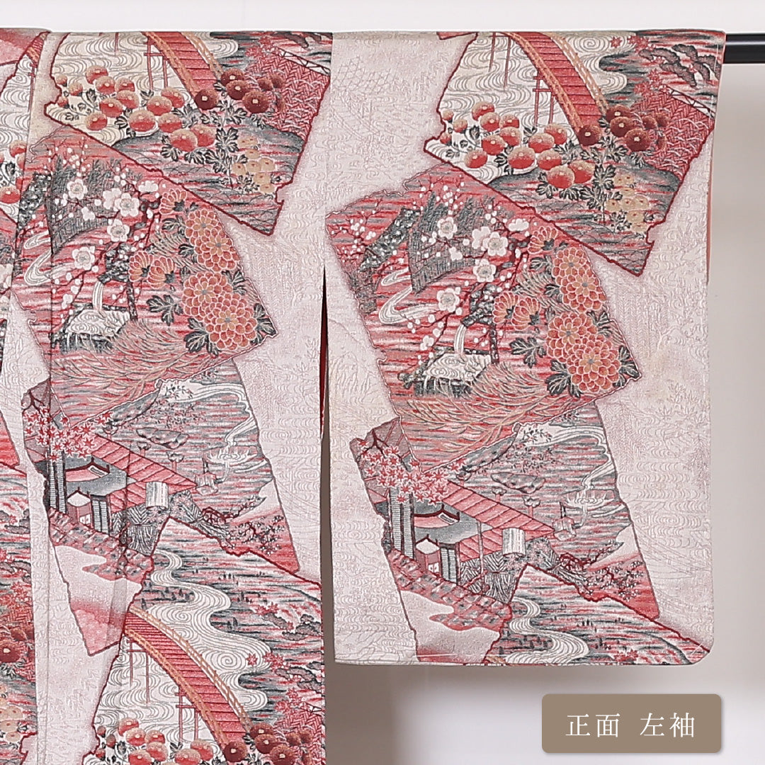 アンティーク お召 袷 身丈154cm 裄丈65cm 正絹 Dランク 広衿 Sサイズ 金彩 吉祥文様 クリーム系 RP 1222-03320