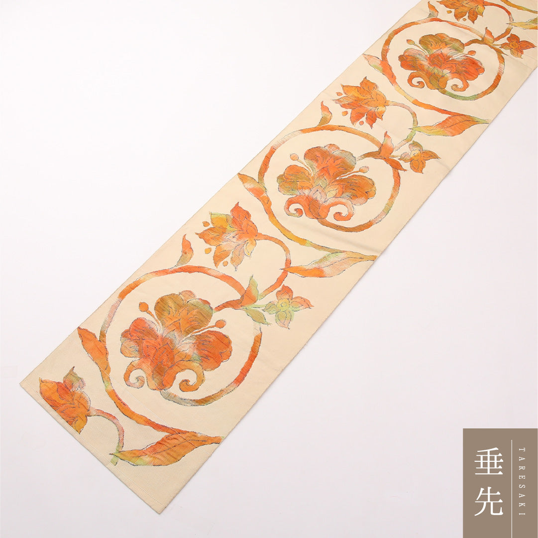 八寸名古屋帯 Aランク 帯丈360cm 正絹 六通 松葉仕立て 織り カジュアル 紬 唐草華文 クリーム系 RP 1245-02311