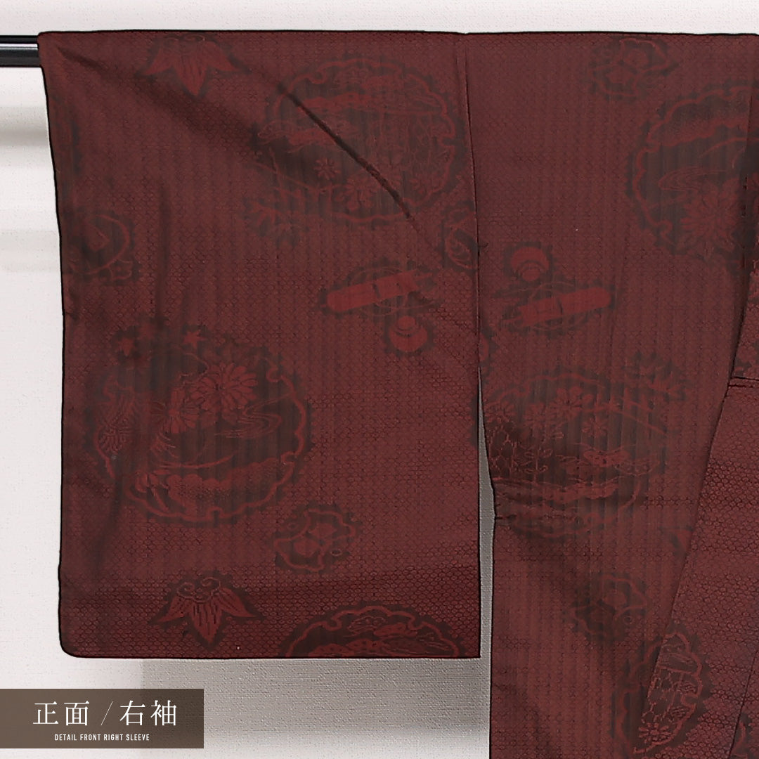 アンティーク お召 袷 身丈147cm 裄丈65cm 正絹 Aランク バチ衿 XSサイズ 雪輪 吉祥文様 赤系 HP 1222-13359
