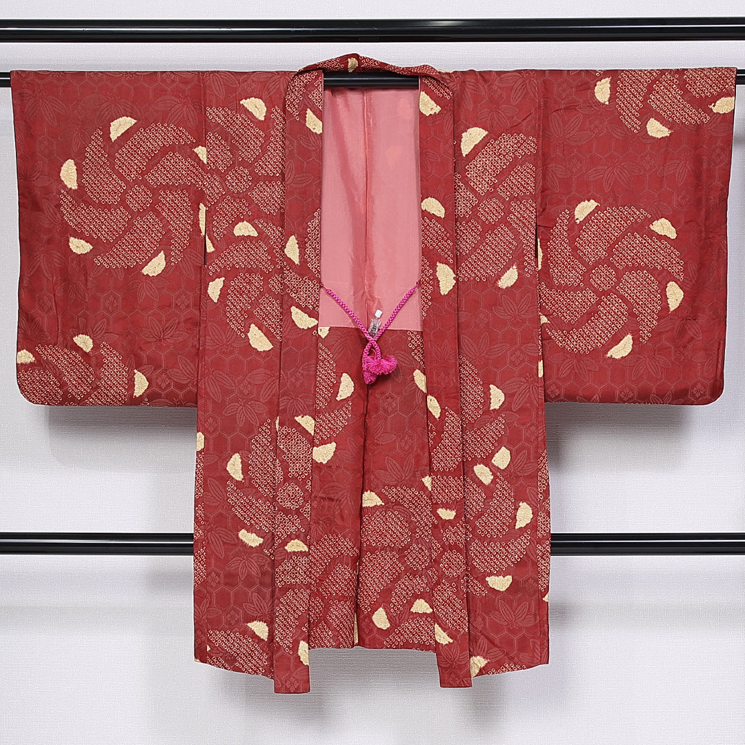アンティーク 羽織 袷 身丈98cm 裄丈61cm 正絹 Cランク 紋意匠 (吉祥文様) Sサイズ 絞り 紐あり 花柄 赤系 PO 1232-10243