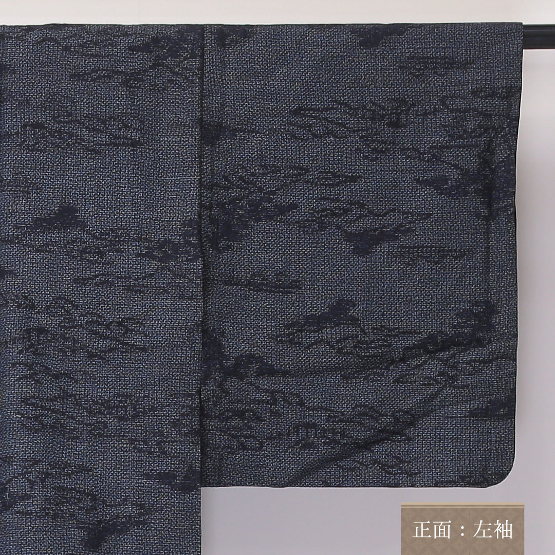 紬 単衣 身丈157cm 裄62cm 正絹 肩当て 山 グレー系 Bランク 1216-01099