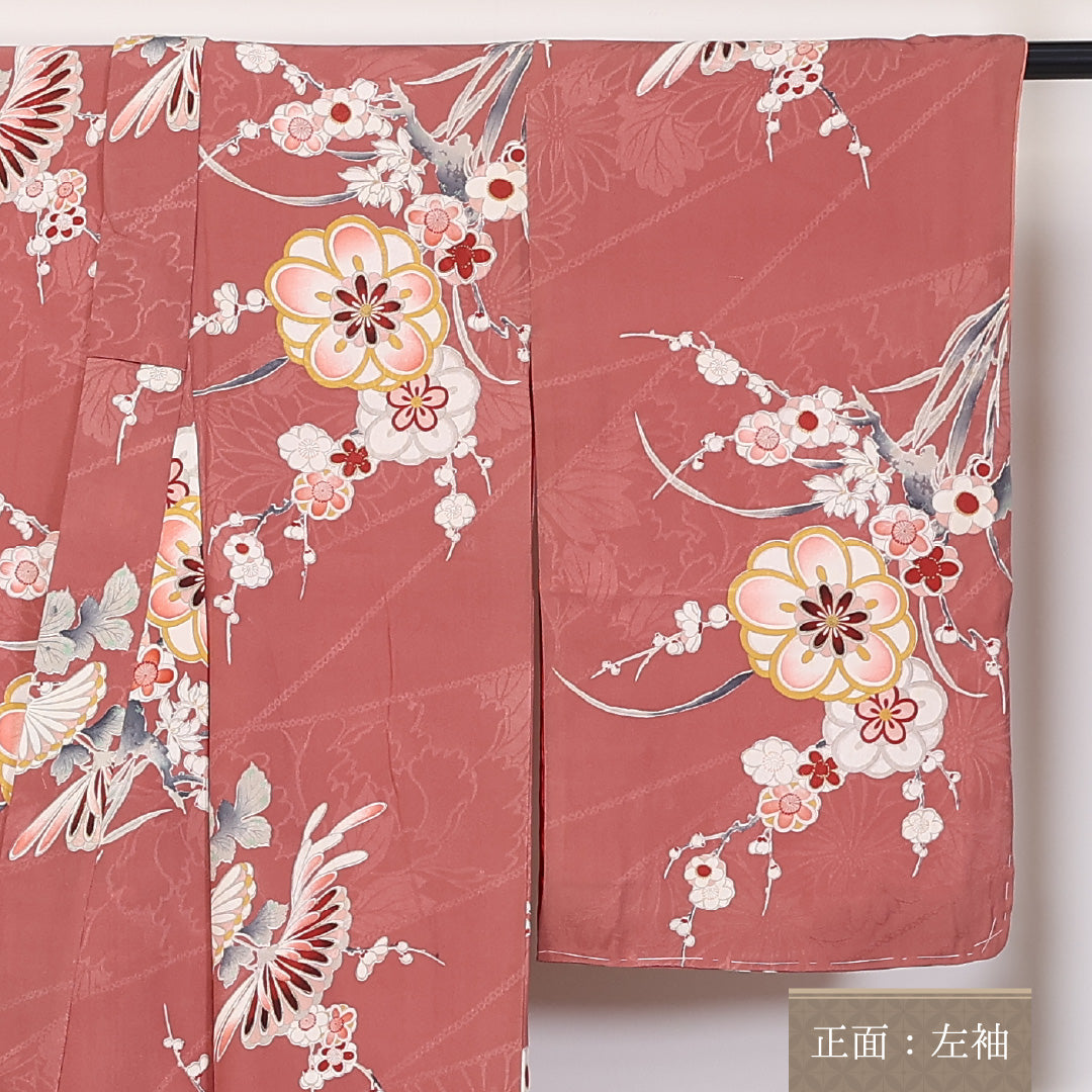 アンティーク 小紋 袷 身丈154cm 裄62.5cm 正絹 梅や菊 ピンク系 Cランク 1215-02299