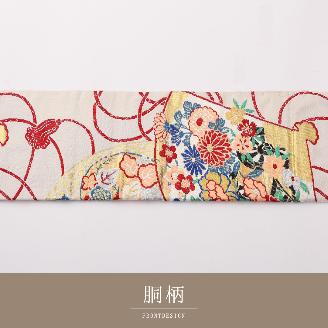 アンティーク 名古屋帯 六通 帯丈325cm Aランク 正絹 吉祥文様 扇 白系 1224-02378
