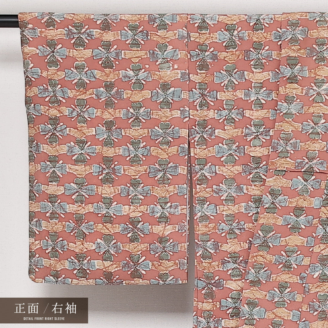 小紋 袷 身丈159cm 裄丈61cm 正絹 Aランク インフォーマル 広衿 Mサイズ 花柄 ピンク系 HP 1221-13629
