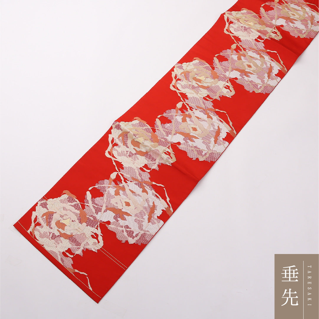 名古屋帯 六通 帯丈352cm セミフォーマル Sランク 正絹 花柄 赤系 1224-02371