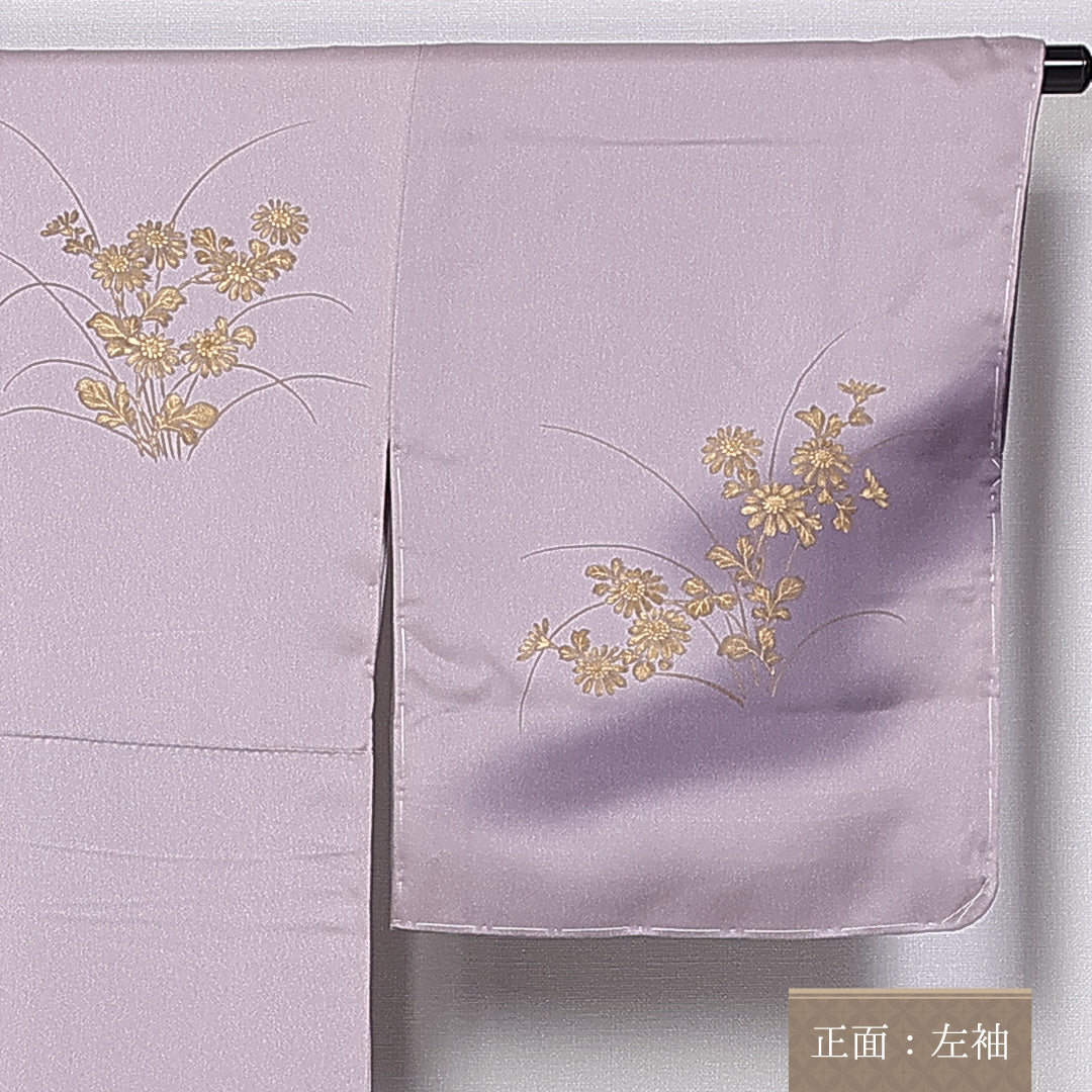 訪問着 身丈161cm 裄丈63.5cm 正絹 Sランク 袷 広衿 金彩 檜扇 菊 萩 刺繍 ぼかし しつけ糸 1212-10387