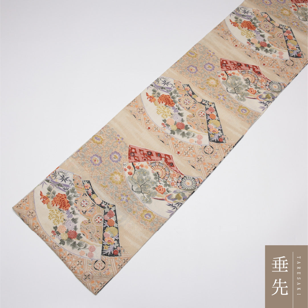 アンティーク 名古屋帯 帯丈360cm Aランク 開き仕立て 全通 木綿 檜扇 唐花 桜 リバーシブル セミフォーマル クリーム系 1224-01589